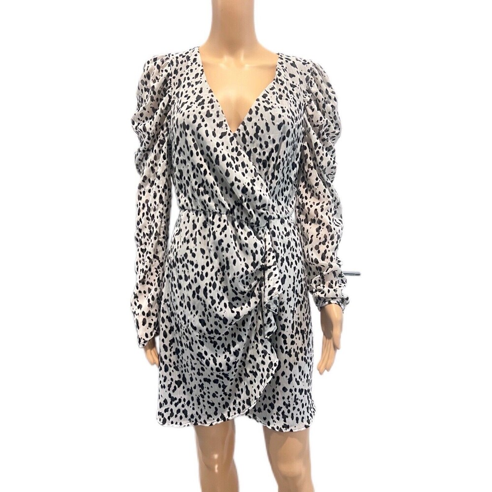 Zara Size LARGE Leopard Print Dress Long Sleeve Black Gray Ruffle Wrap